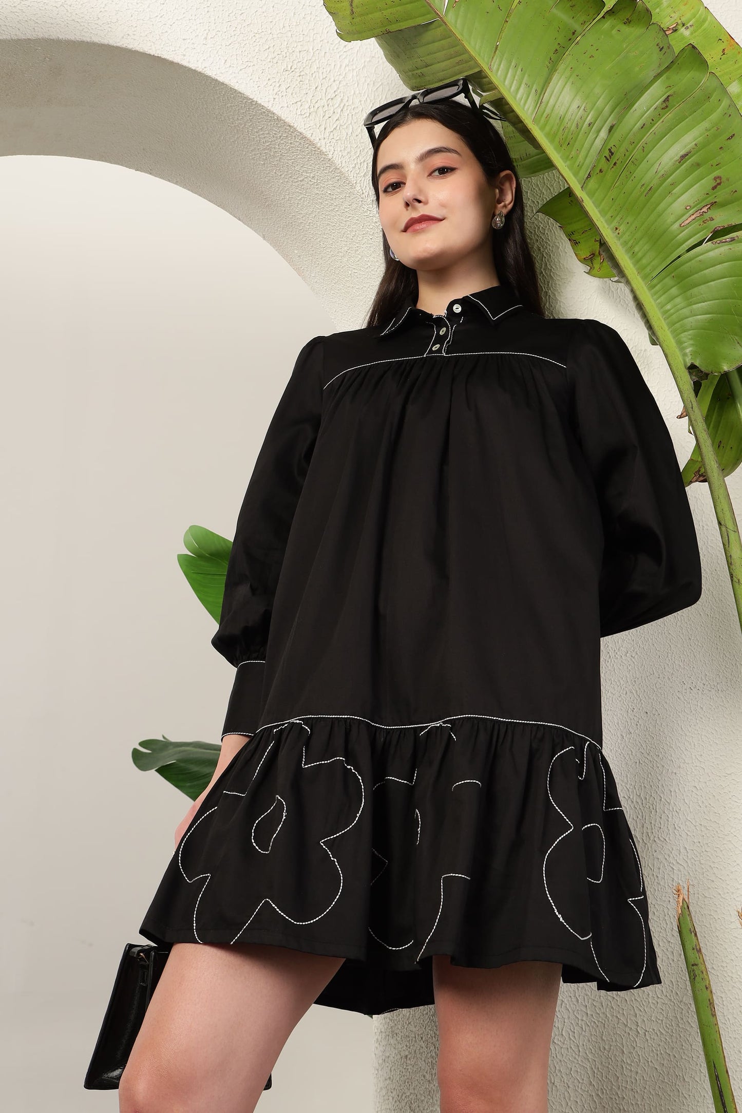 Flora Gather Dress Black