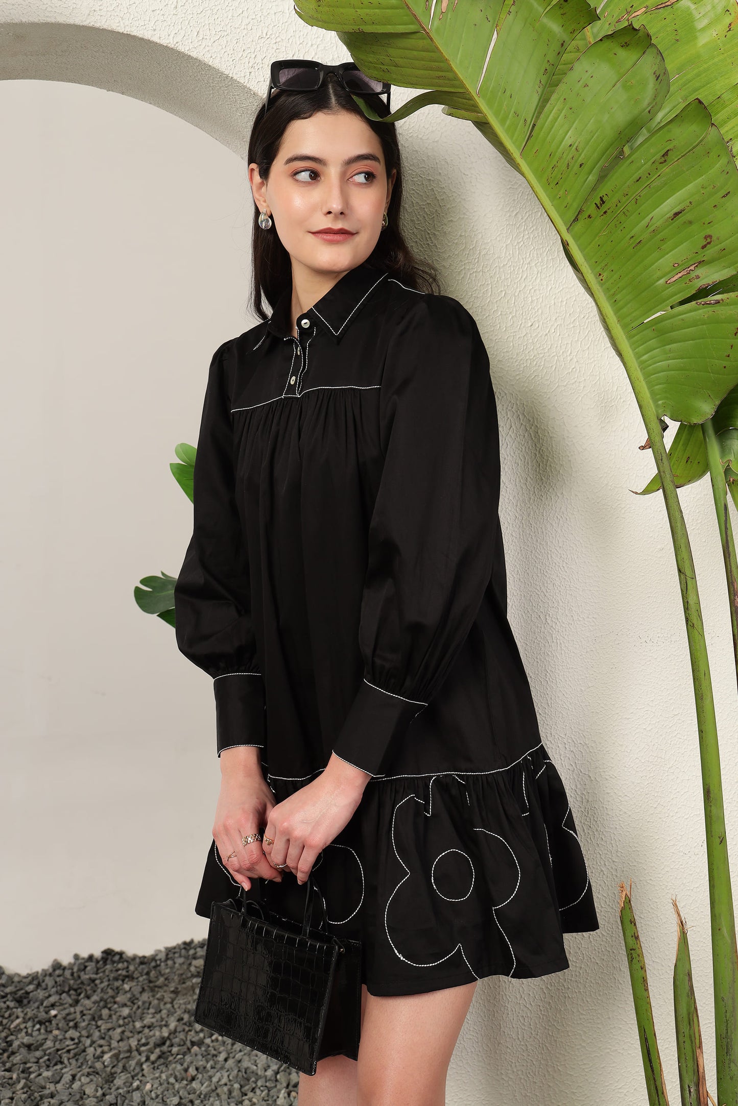 Flora Gather Dress Black
