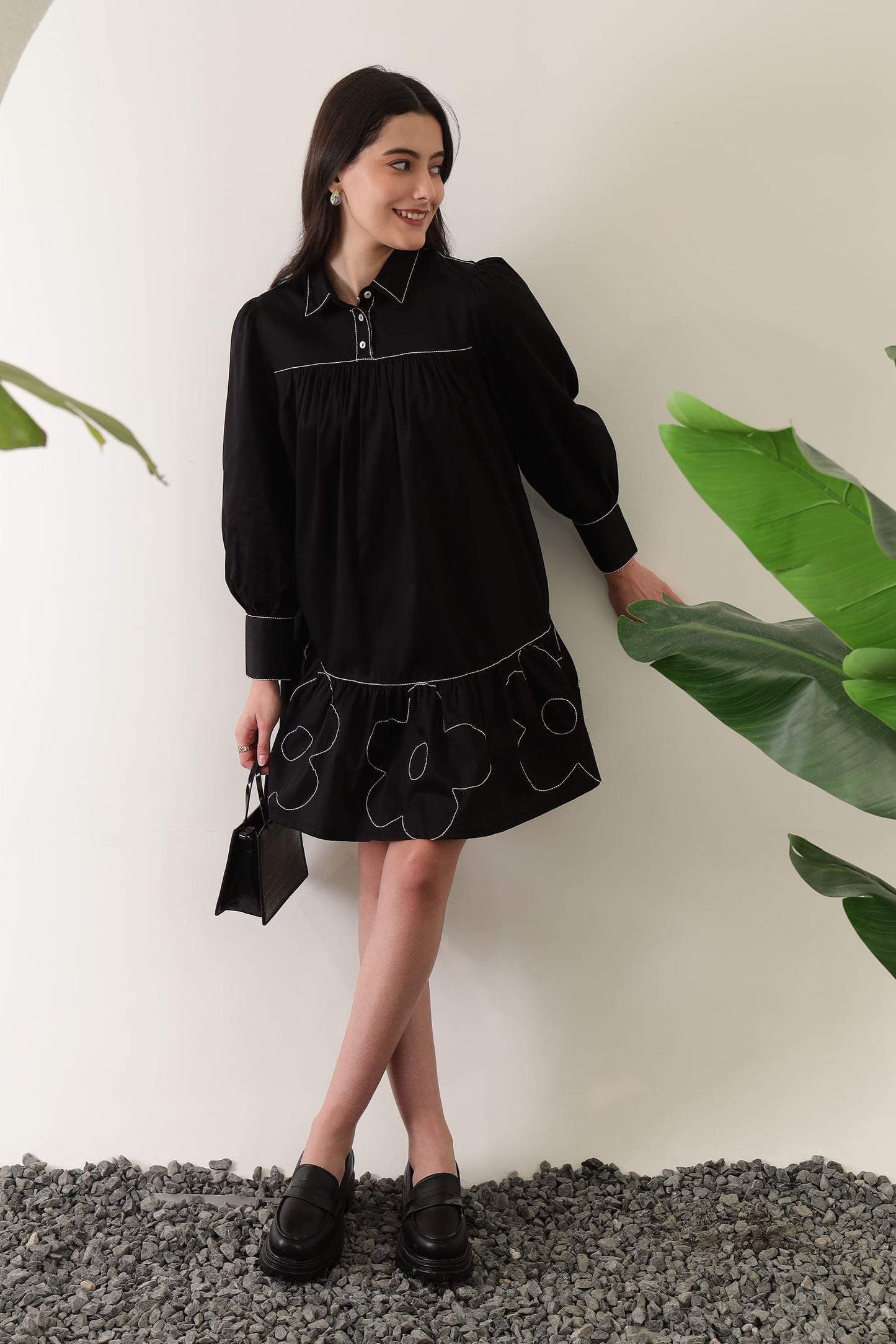 Flora Gather Dress Black