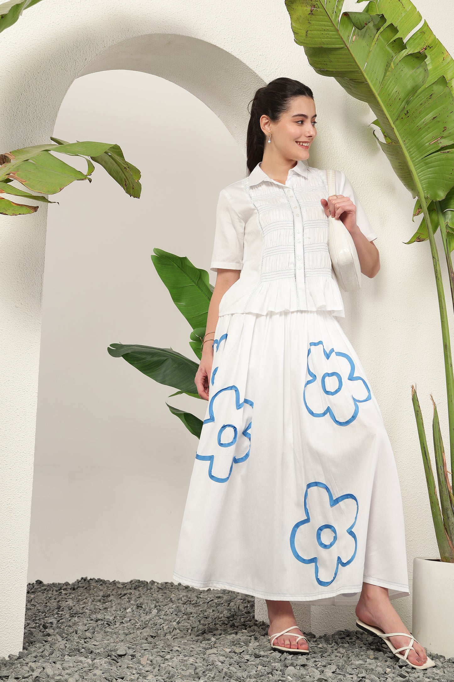 Perla Applique Skirt Set White
