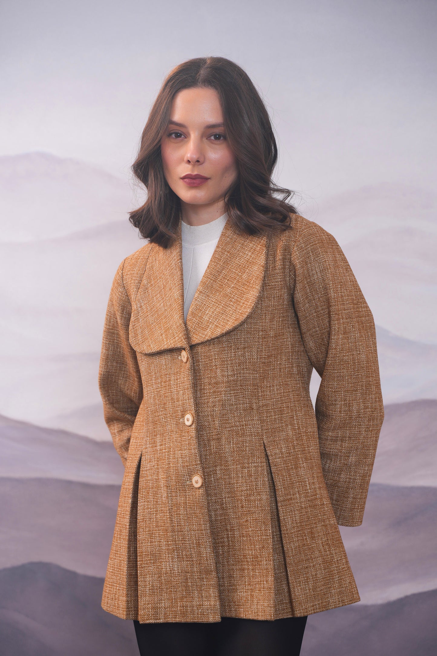 Sophie Mustard Tweed Box Pleat Coat