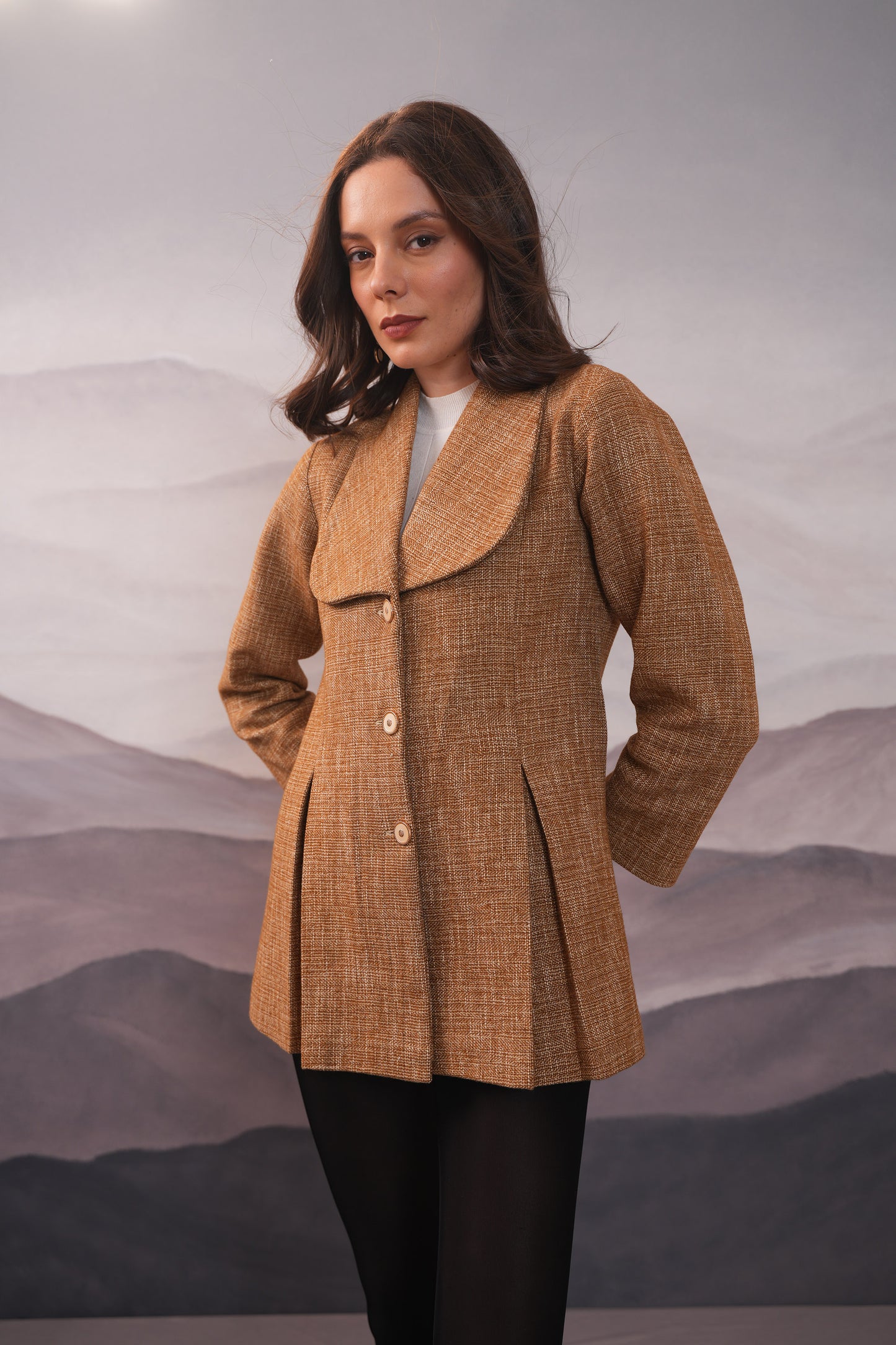 Sophie Mustard Tweed Box Pleat Coat