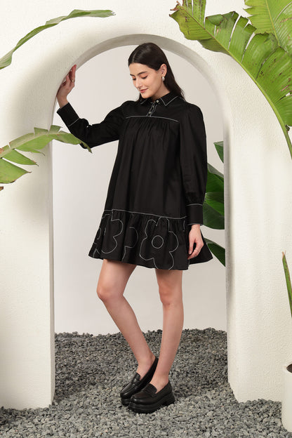 Flora Gather Dress Black