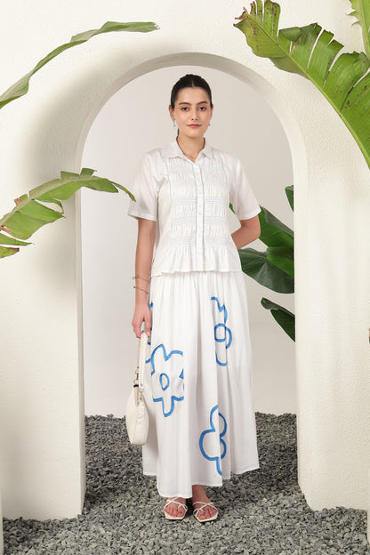 Perla Applique Skirt Set White