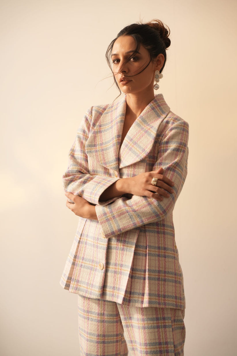 Apara | Pink Check Wool Blend Jacket | Carol Pink Check Jacket – shopapara