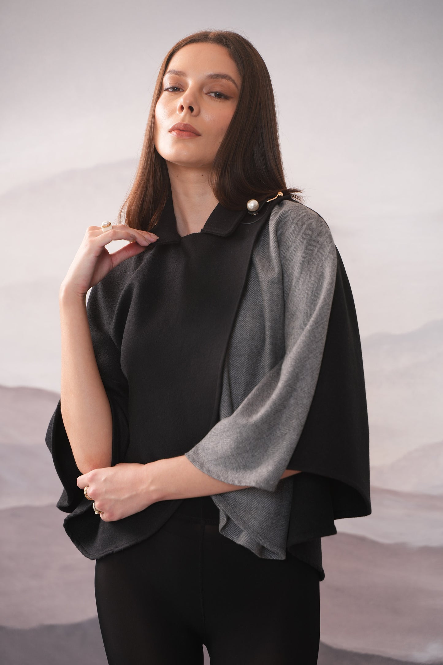 Dona Black & Grey Wool Cape